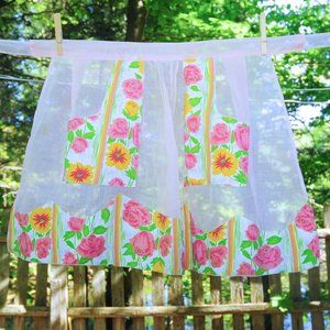 Vintage 60's Pale Pink Organza & Rose Print Fancy Hostess Apron Mod-Style Print
